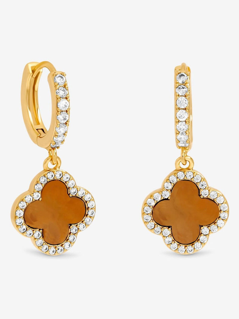 Gold Plated and Tigers Eye Clover Huggie Earrings
