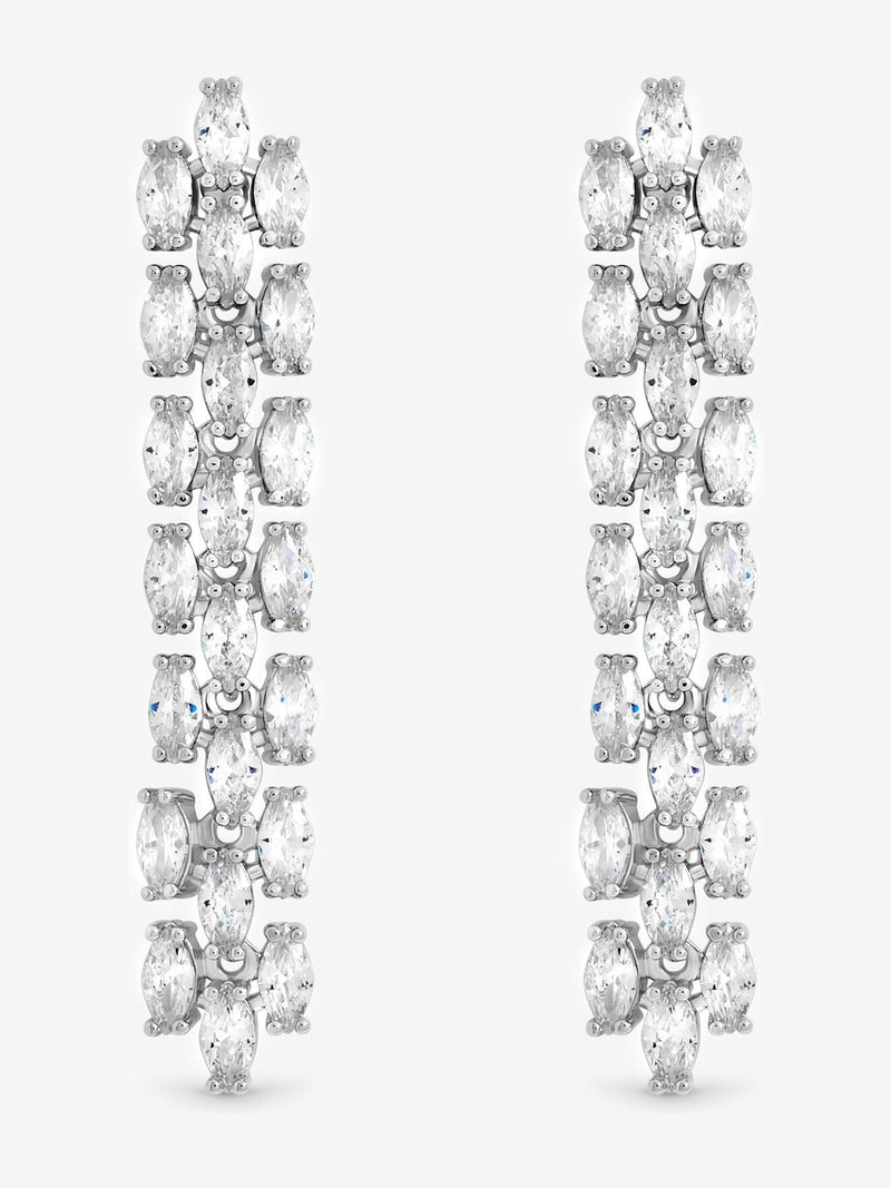 Rhodium Plated Cubic Zirconia Navette Drop Earrings 45mm