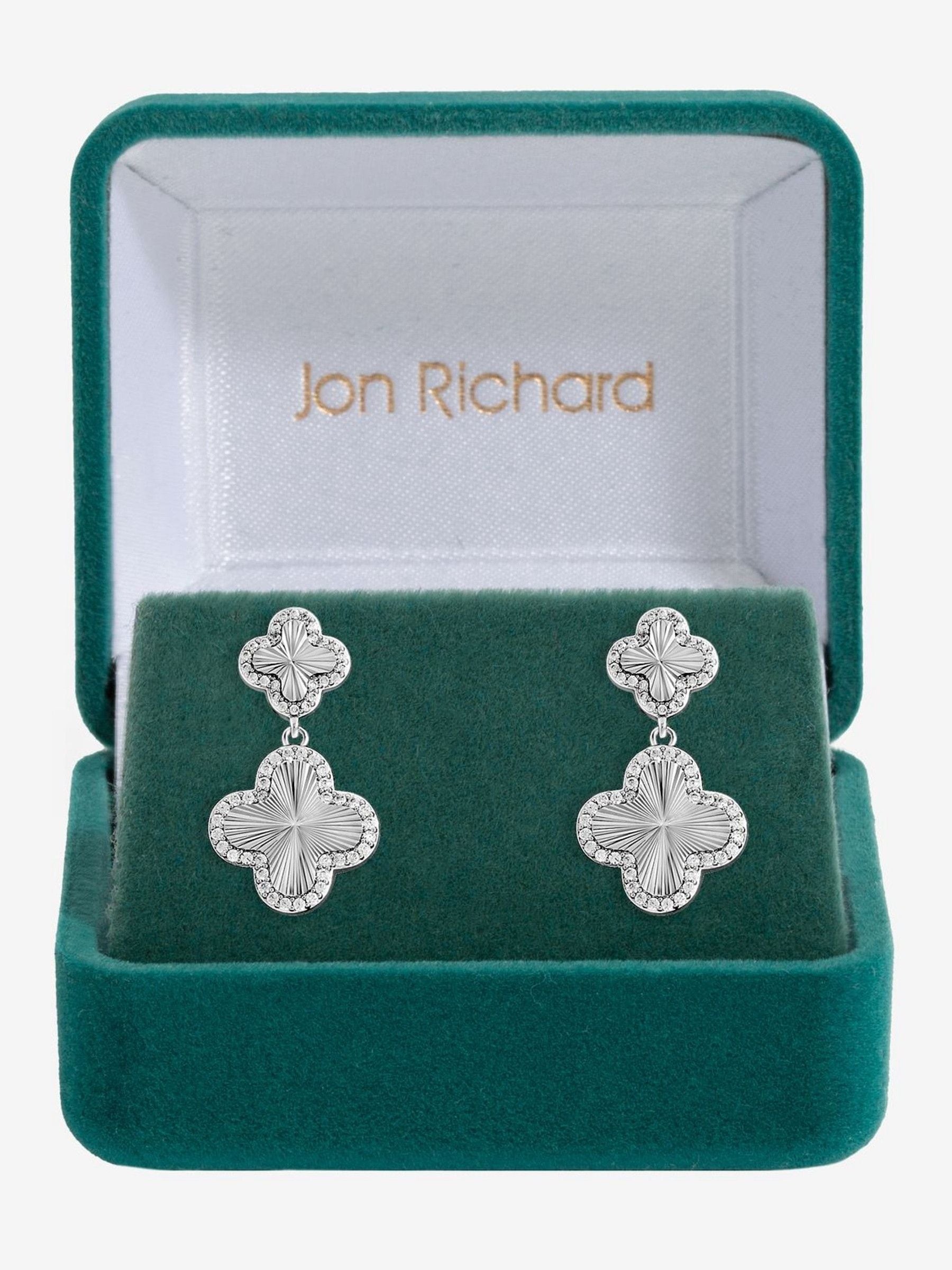Jon Richard Clover Drop Earrings Rhodium Plated 30mm length, UK version