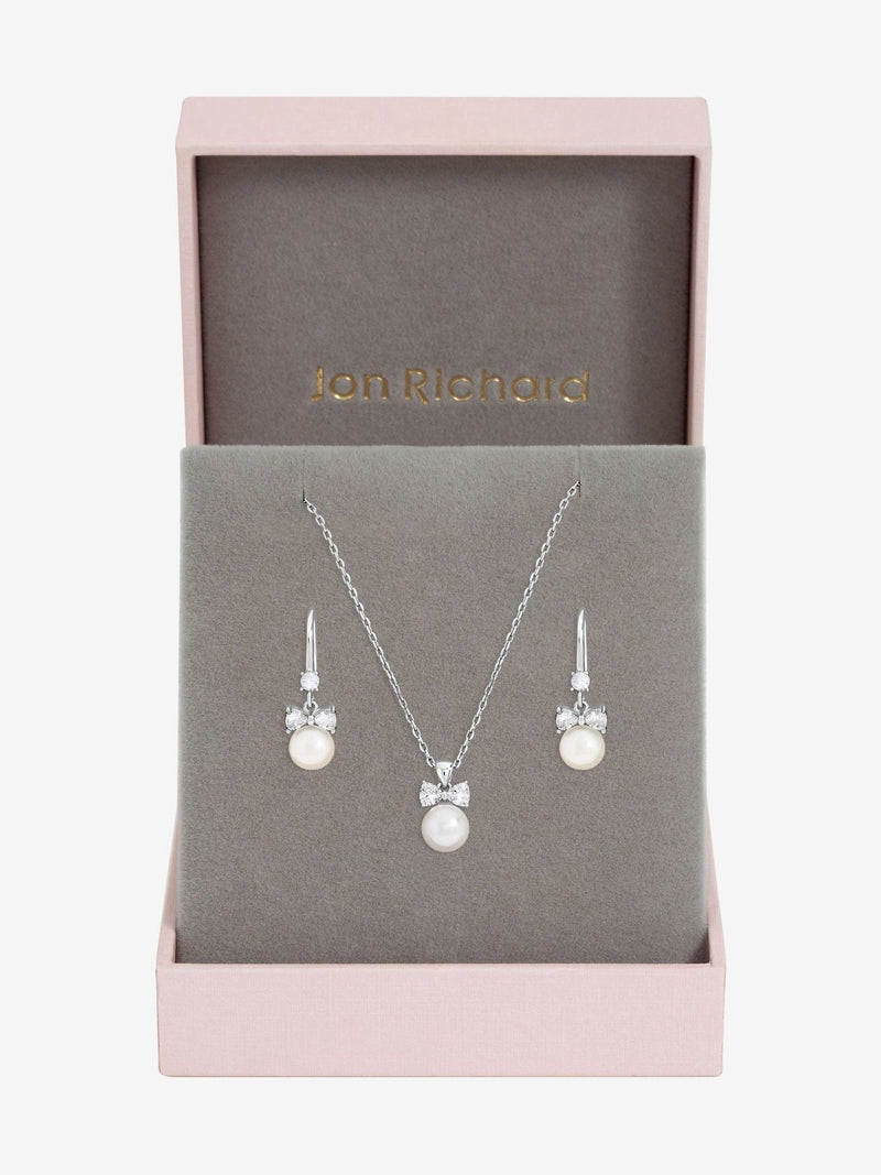 Rhodium Plated Crystal Bow and Pearl Drop Necklace Set with 16 Inch Chain