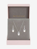 Rhodium Plated Crystal Bow and Pearl Drop Necklace Set with 16 Inch Chain