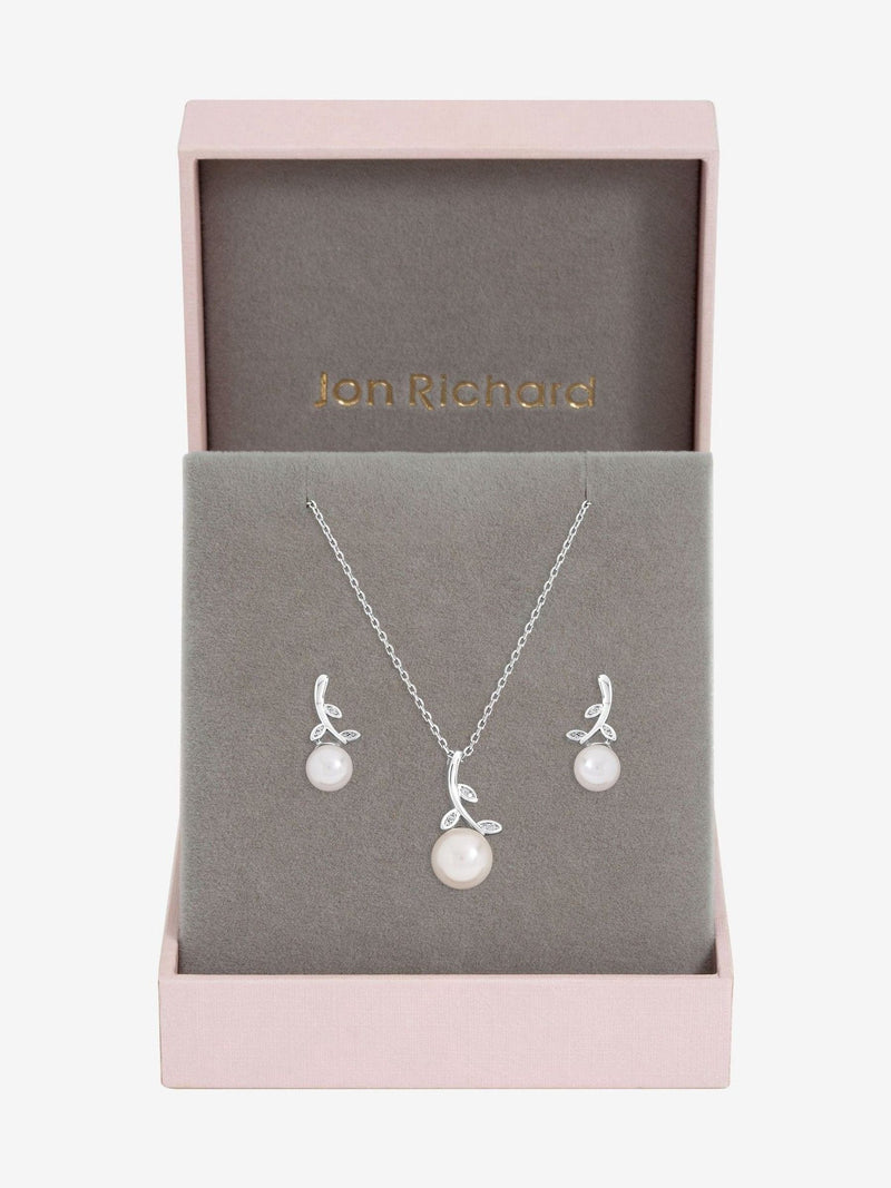 Rhodium Plated Crystal Leaf and Pearl Drop Jewellery Set with Gift Box