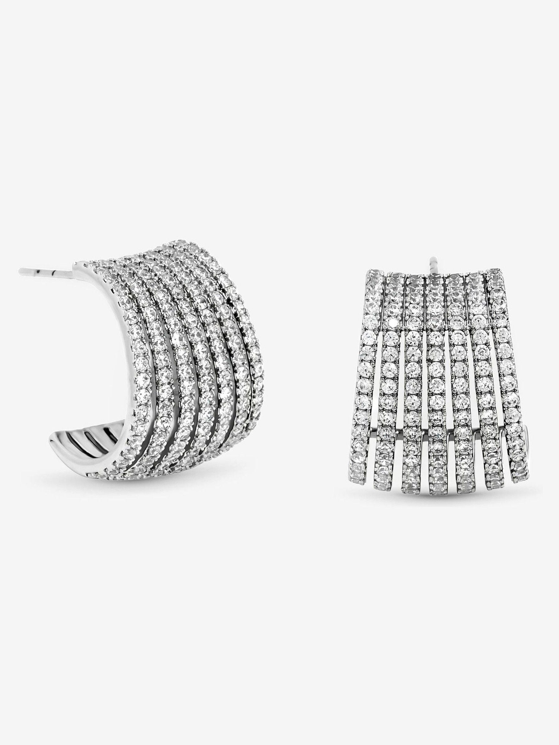 Rhodium Plated Cubic Zirconia Multirow Hoop Earrings with Post and Bullet Back, 17mm Length