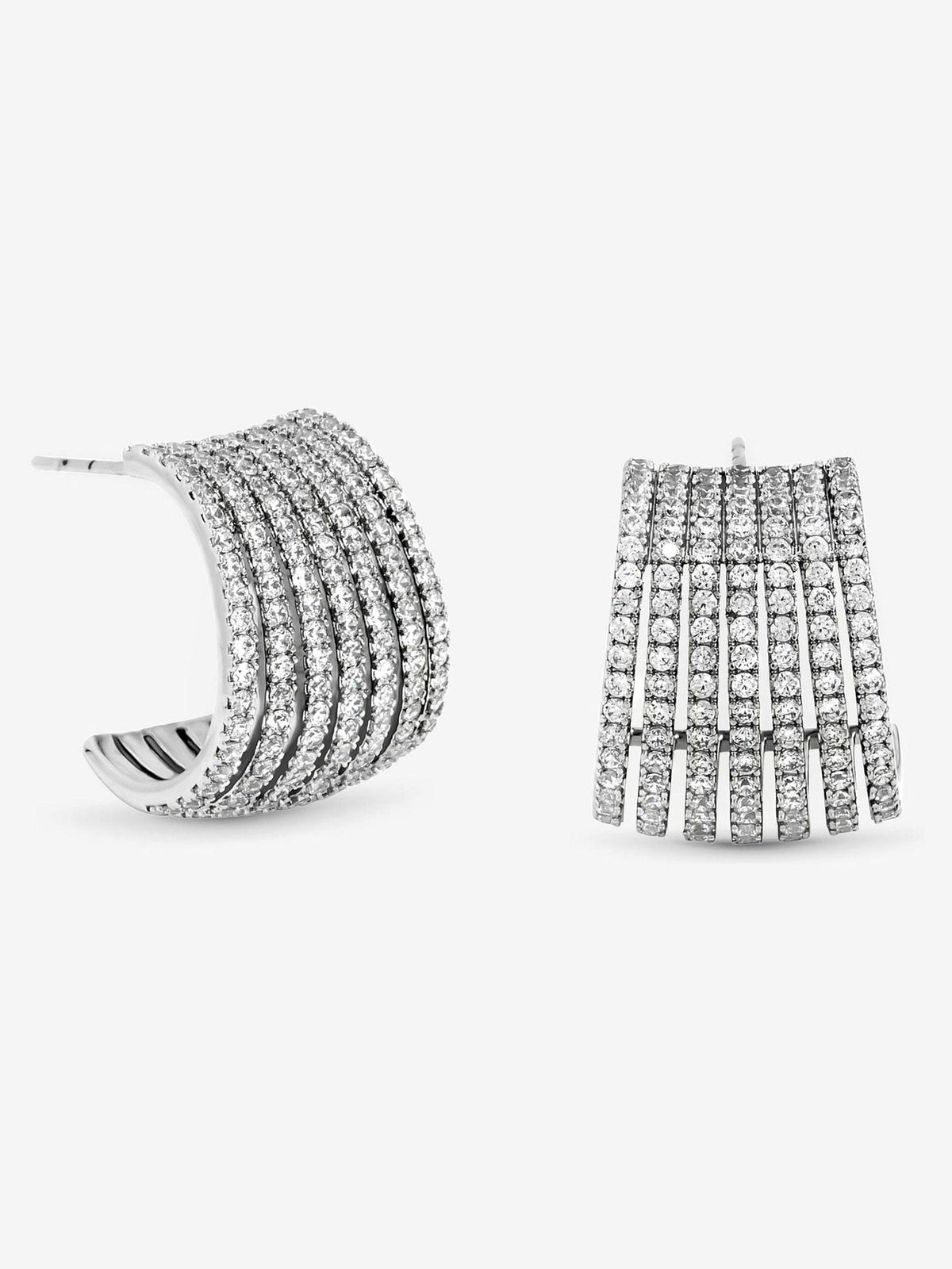 Rhodium Plated Cubic Zirconia Multirow Hoop Earrings with Post and Bullet Back, 17mm Length