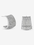 Rhodium Plated Cubic Zirconia Multirow Hoop Earrings with Post and Bullet Back, 17mm Length