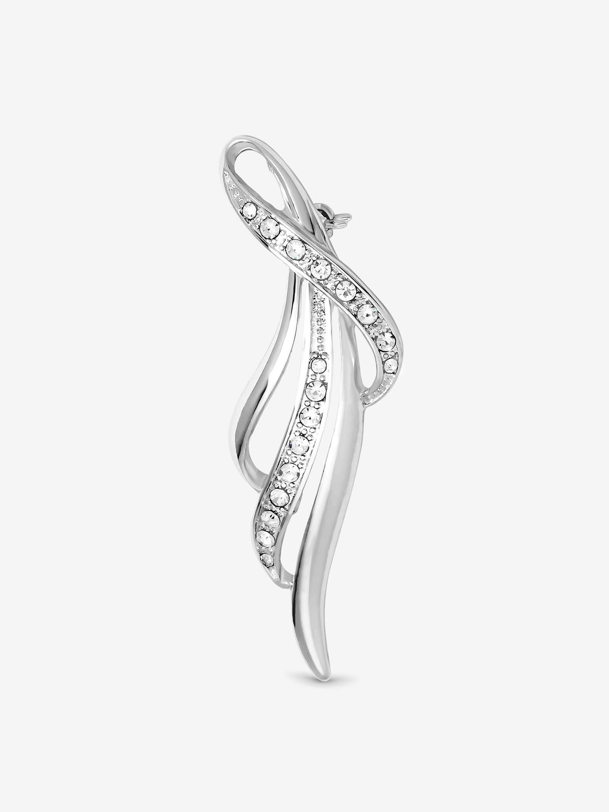 Silver Plated and Pave Contemporary Long Brooch with Pin Fastening, 60mm