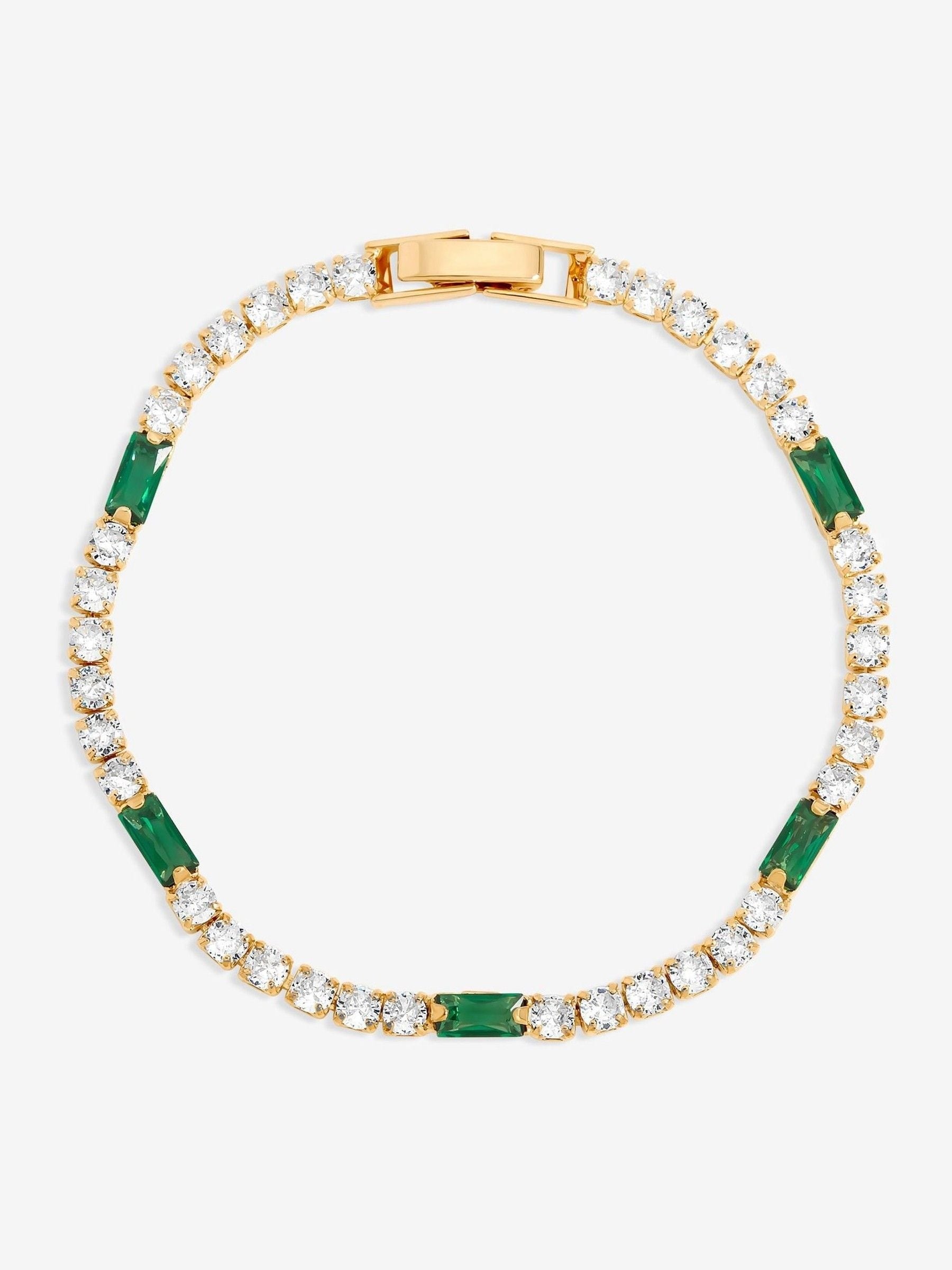 Round Stone and Emerald Tennis Bracelet with Gold Plating, 4mm Width, 80mm Length
