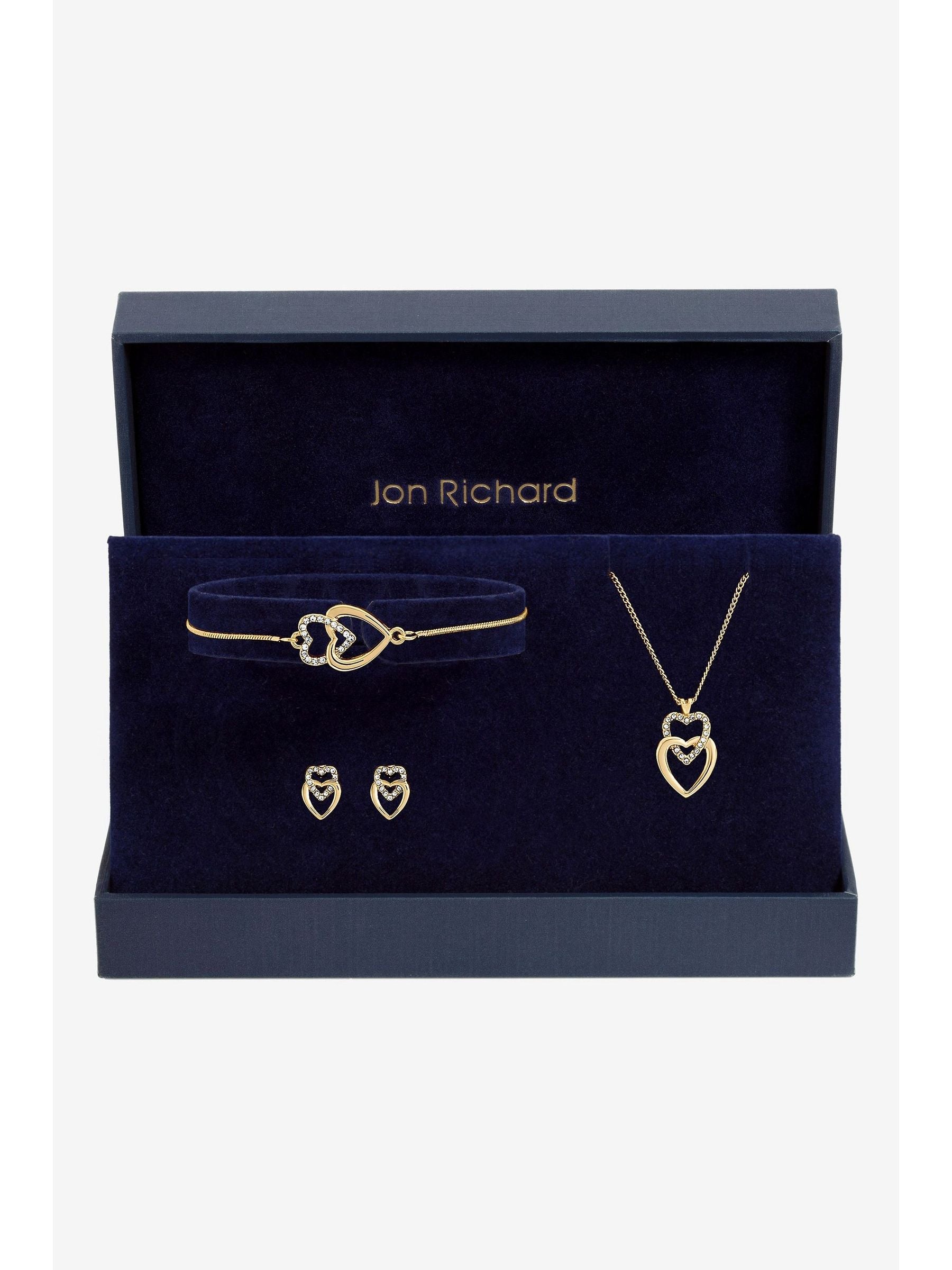Gold Plated Crystal and Polished Heart Trio Jewellery Set with Secure Fastenings