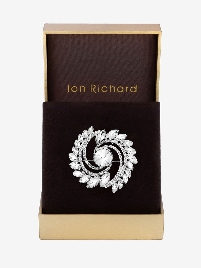 Silver-Plated Mixed Crystal Swirl Brooch Pin with Gift Box