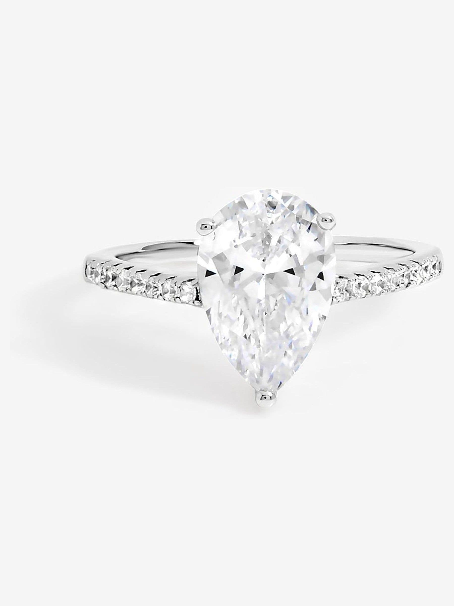 Rhodium Plated Cubic Zirconia Pear Ring with Silver Finish