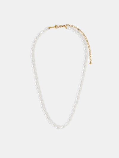 Gold Tone Stainless Steel Faux Pearl Bead Necklace with Lobster Clasp and Extender