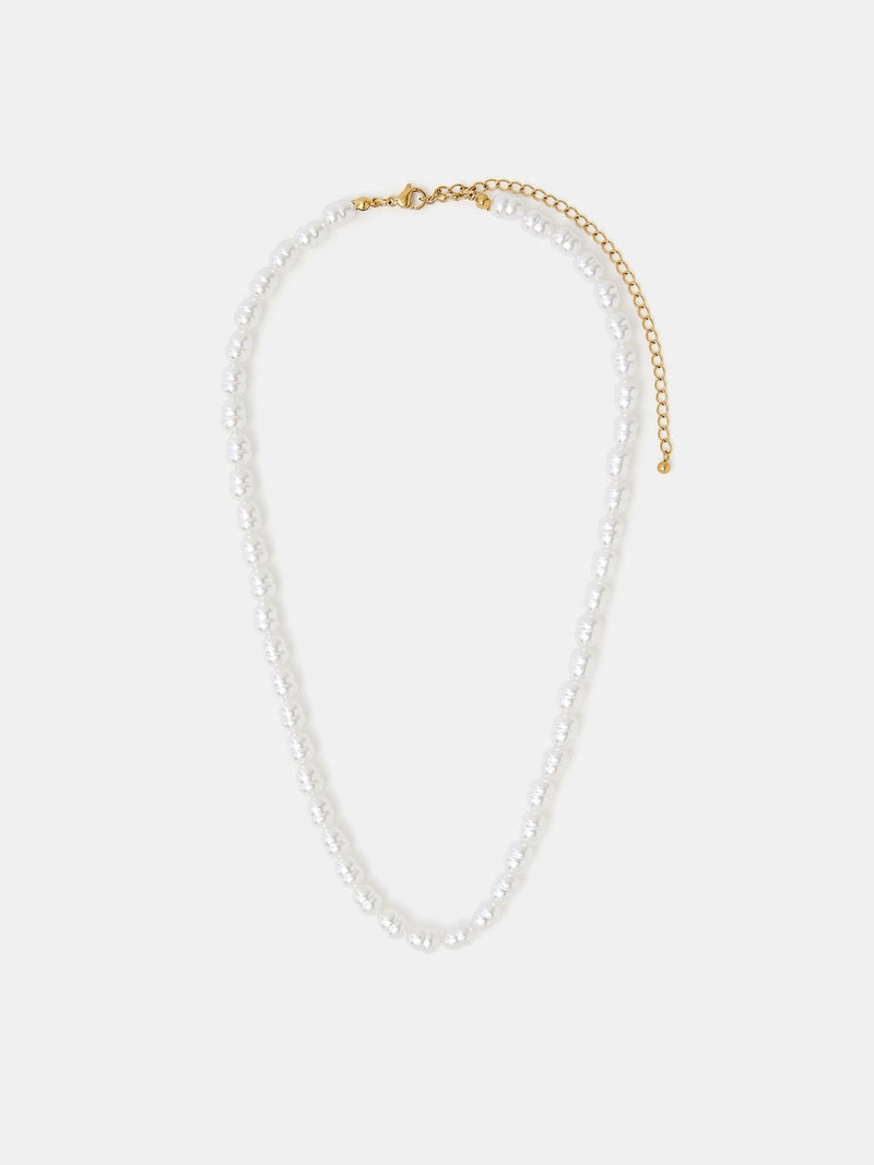 Gold Tone Stainless Steel Faux Pearl Bead Necklace with Lobster Clasp and Extender