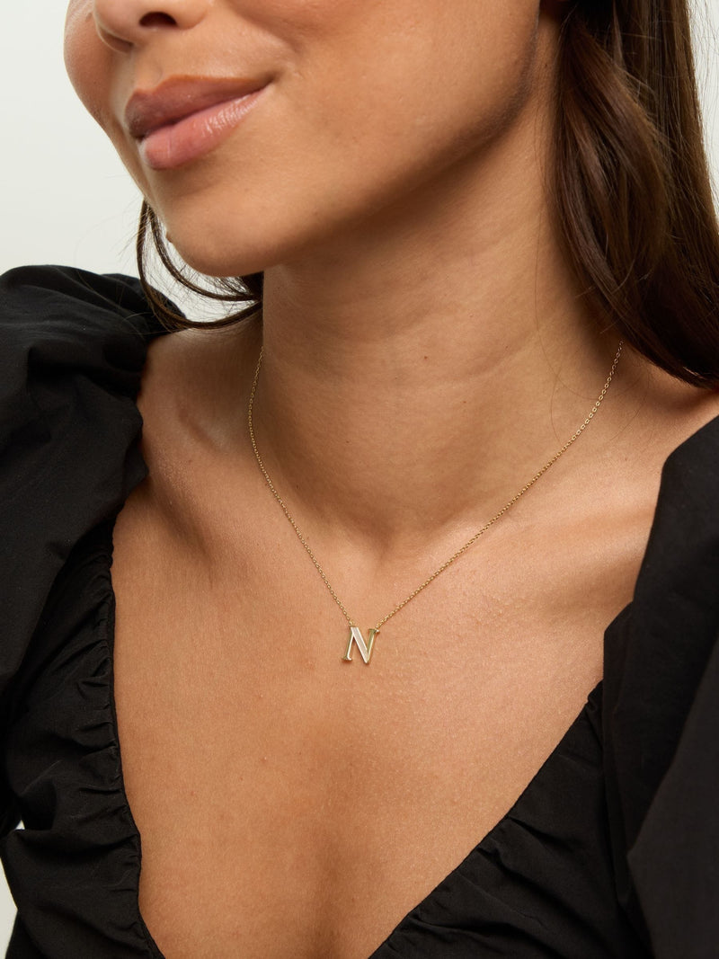 Inicio Gold 14K Real Plated and Mother of Pearl Initial Pendant - N - Gift Pouch