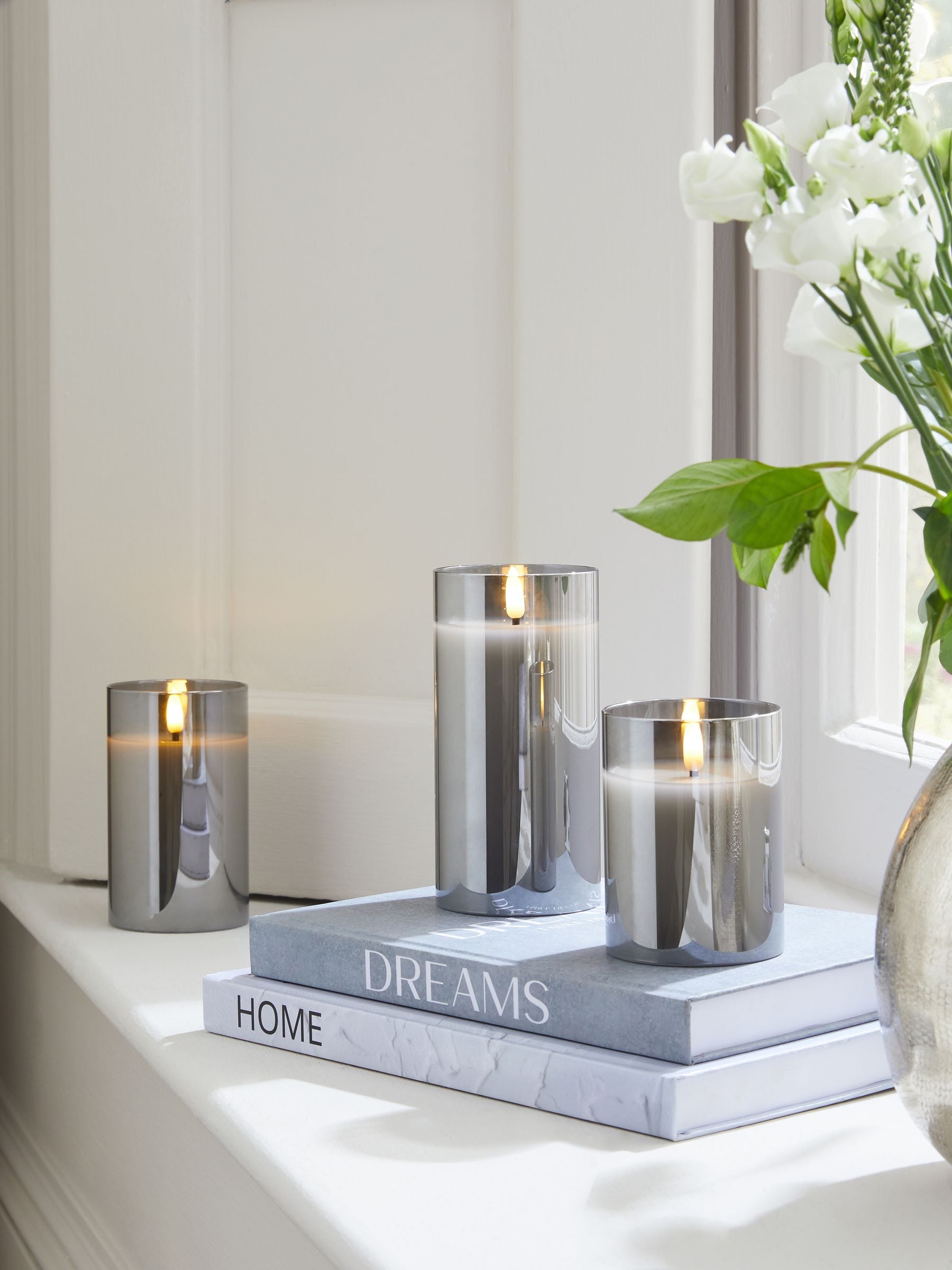 Charcoal grey glass LED candles set of 3, varying heights (British brand)