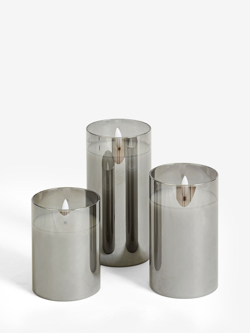 Charcoal grey glass LED candles set of 3, varying heights (British brand)