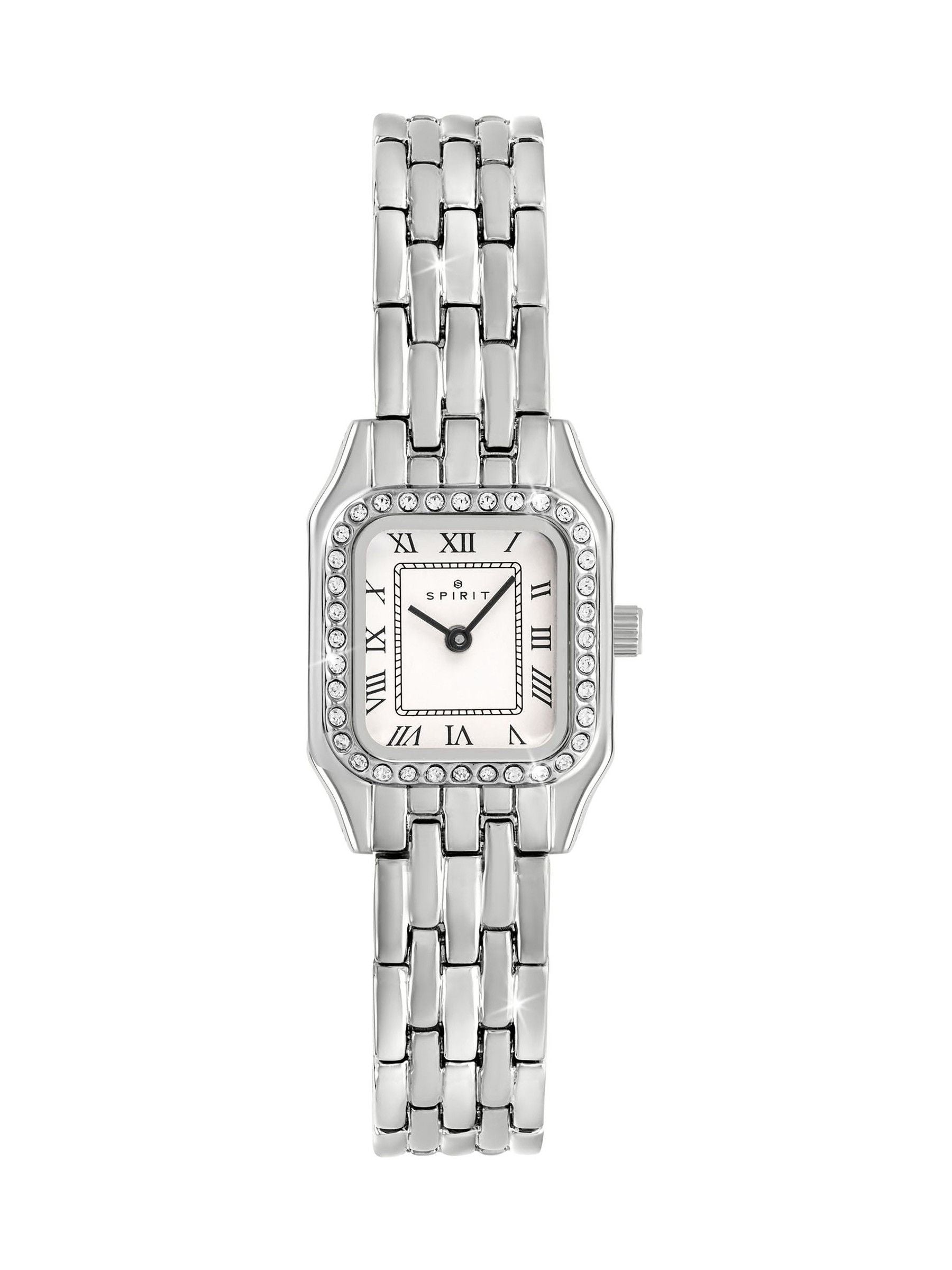 Ladies Silver Plated Stone Set Square Watch with Roman Numeral Dial and Bracelet