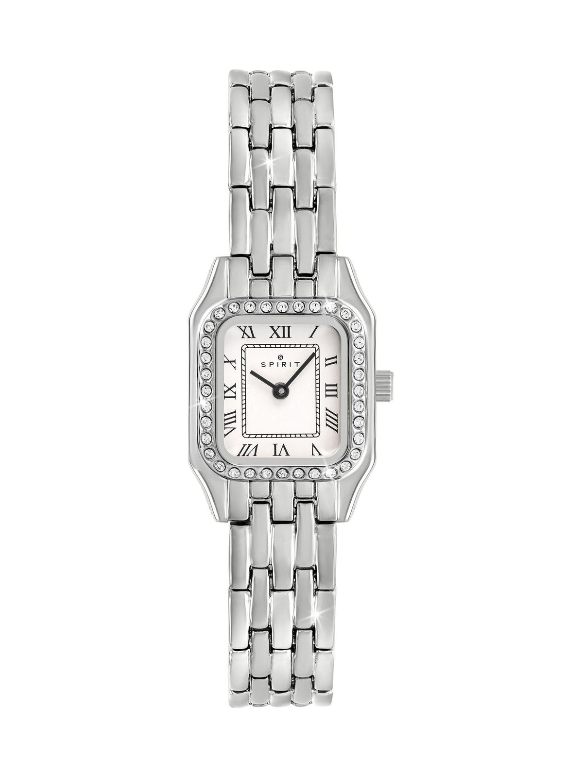 Ladies Silver Plated Stone Set Square Watch with Roman Numeral Dial and Bracelet