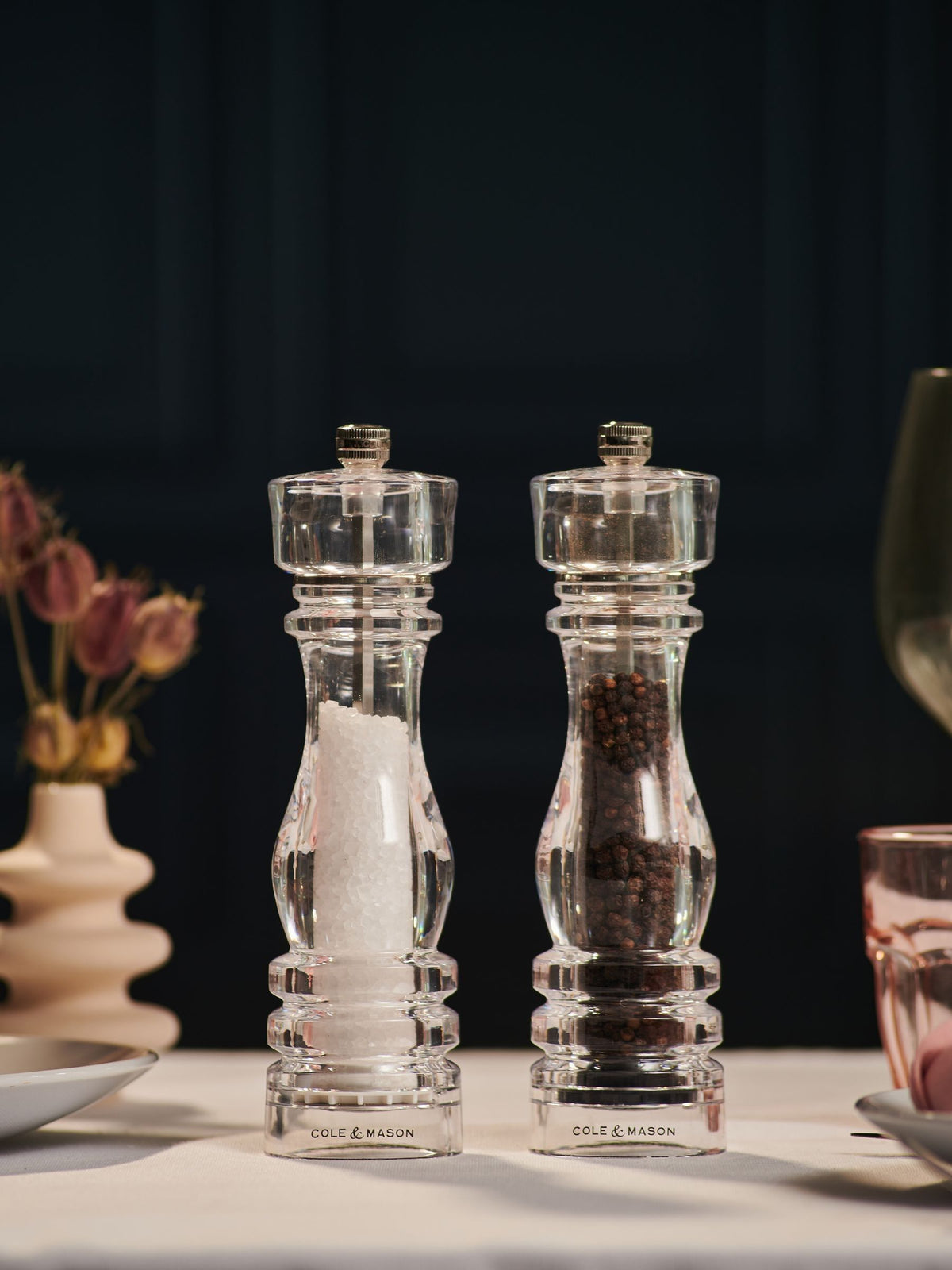 Cole & Mason Clear Large London Acrylic Salt Pepper Mill Set 220mm