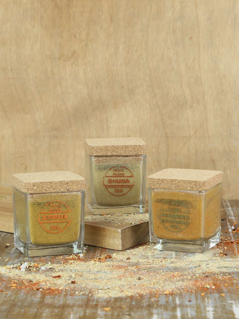 Kimm & Miller curry spice blend set with Korma, Bhuna, and Madras, UK version