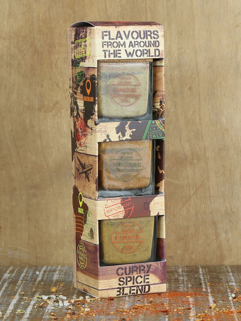 Kimm & Miller curry spice blend set with Korma, Bhuna, and Madras, UK version