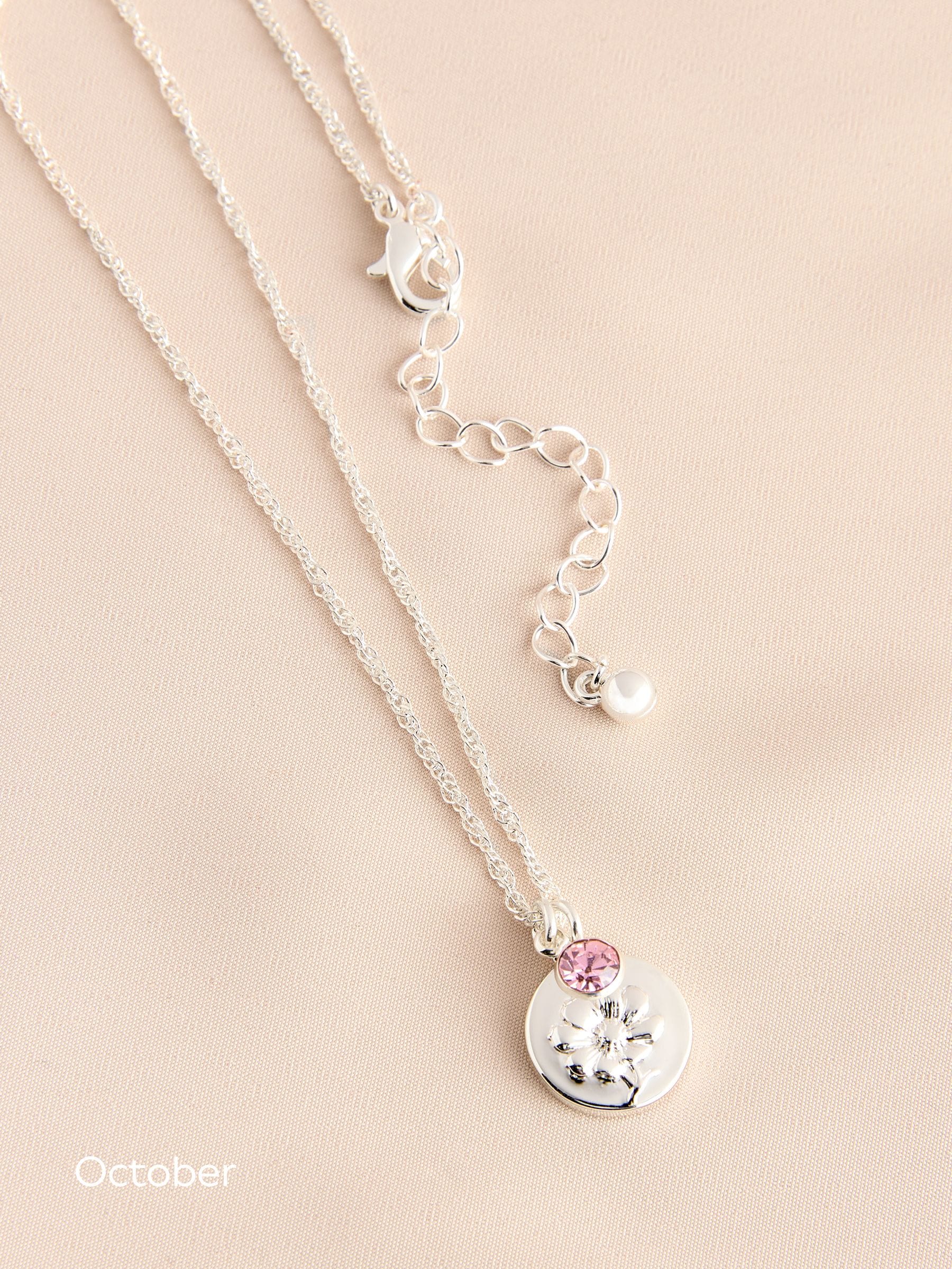 Silver Tone Birthstone Birth Flower Necklace