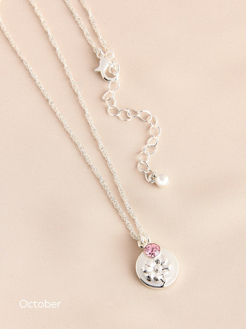 Silver Tone Birthstone Birth Flower Necklace