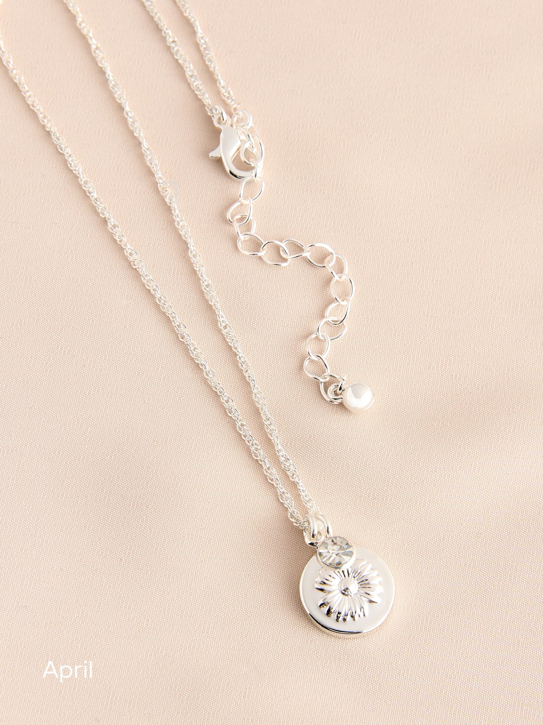 Silver Tone Birthstone Birth Flower Necklace