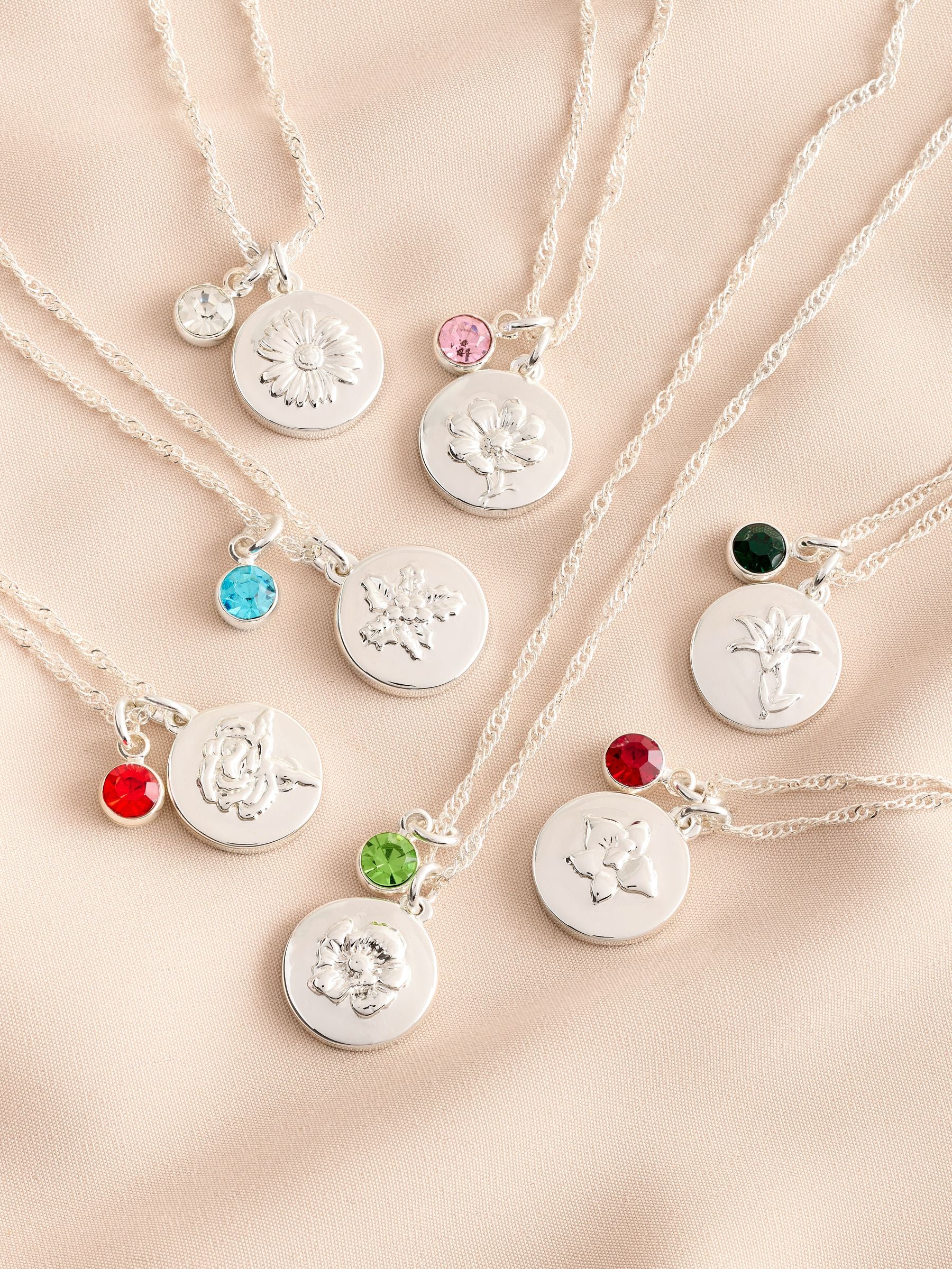 Silver Tone Birthstone Birth Flower Necklace