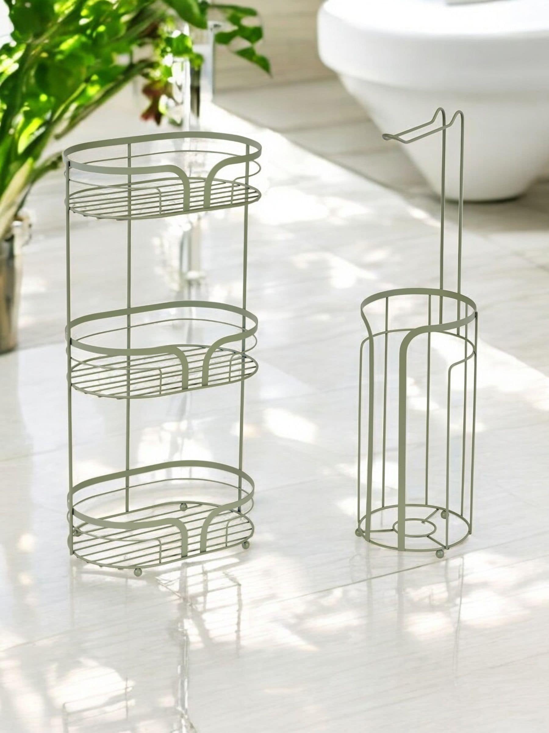 Showerdrape Dante floor caddy and toilet roll holder in sage green (British brand)