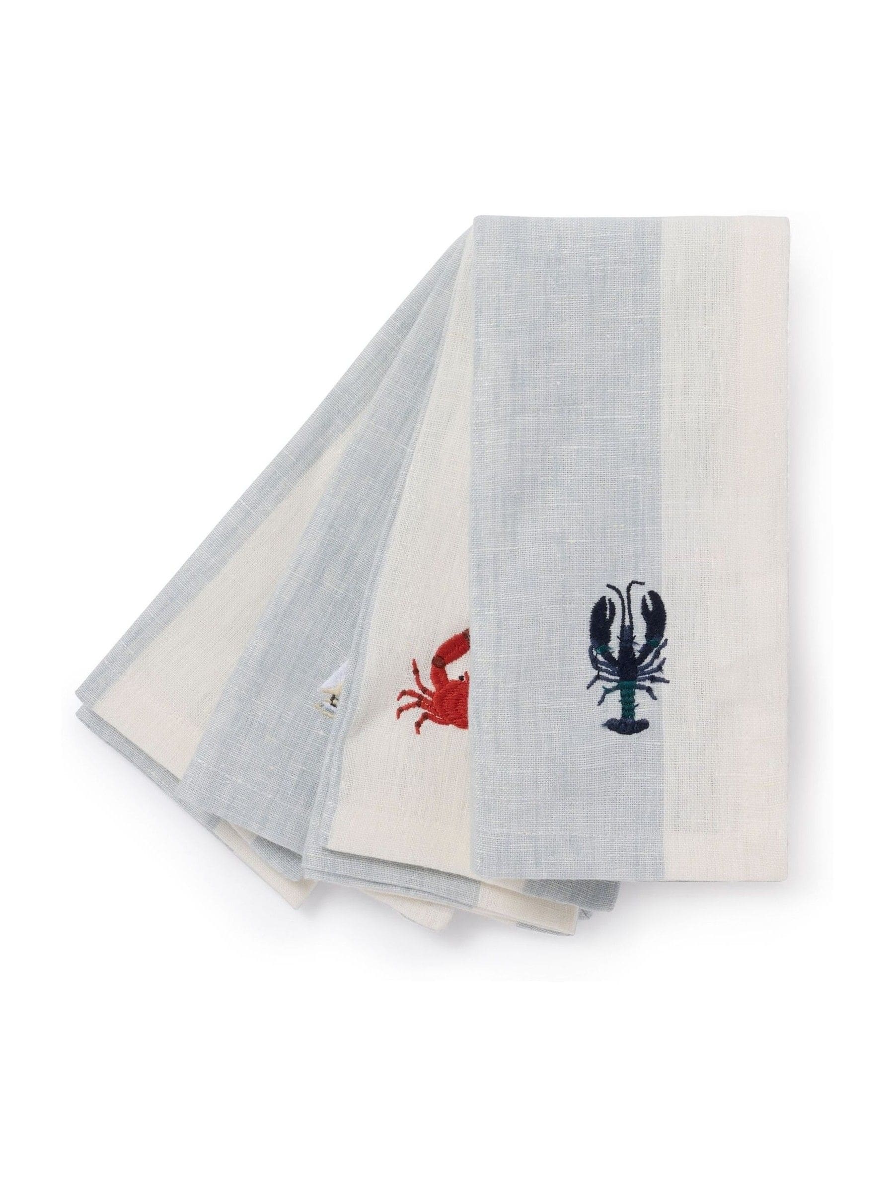 Sophie Allport Set of 4 Pale Blue Linen Coastal Embroidered Napkins