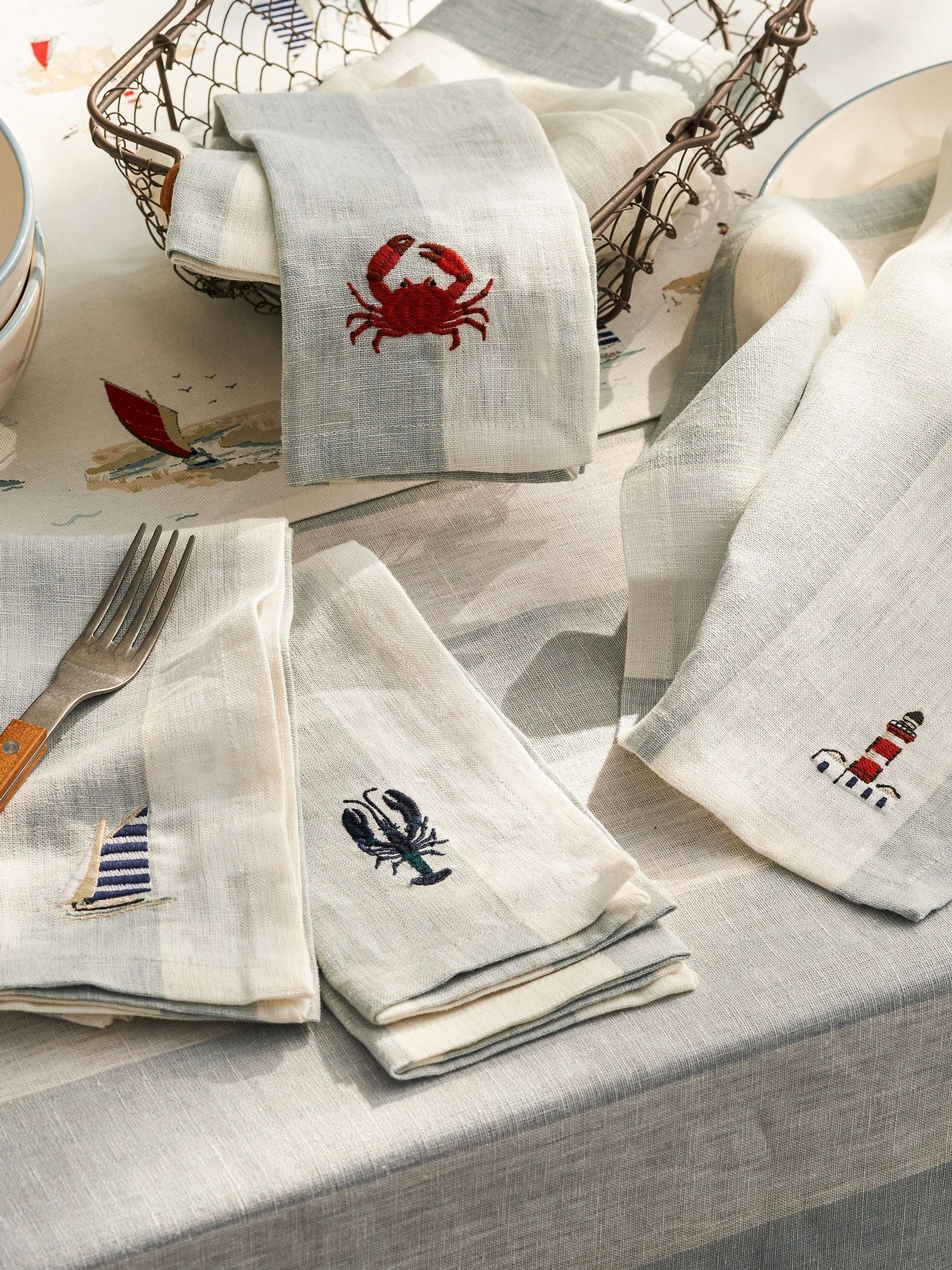 Sophie Allport Set of 4 Pale Blue Linen Coastal Embroidered Napkins
