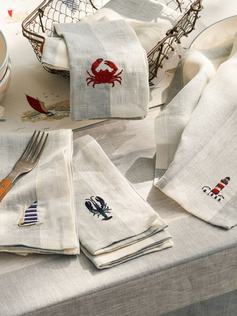 Sophie Allport Set of 4 Pale Blue Linen Coastal Embroidered Napkins