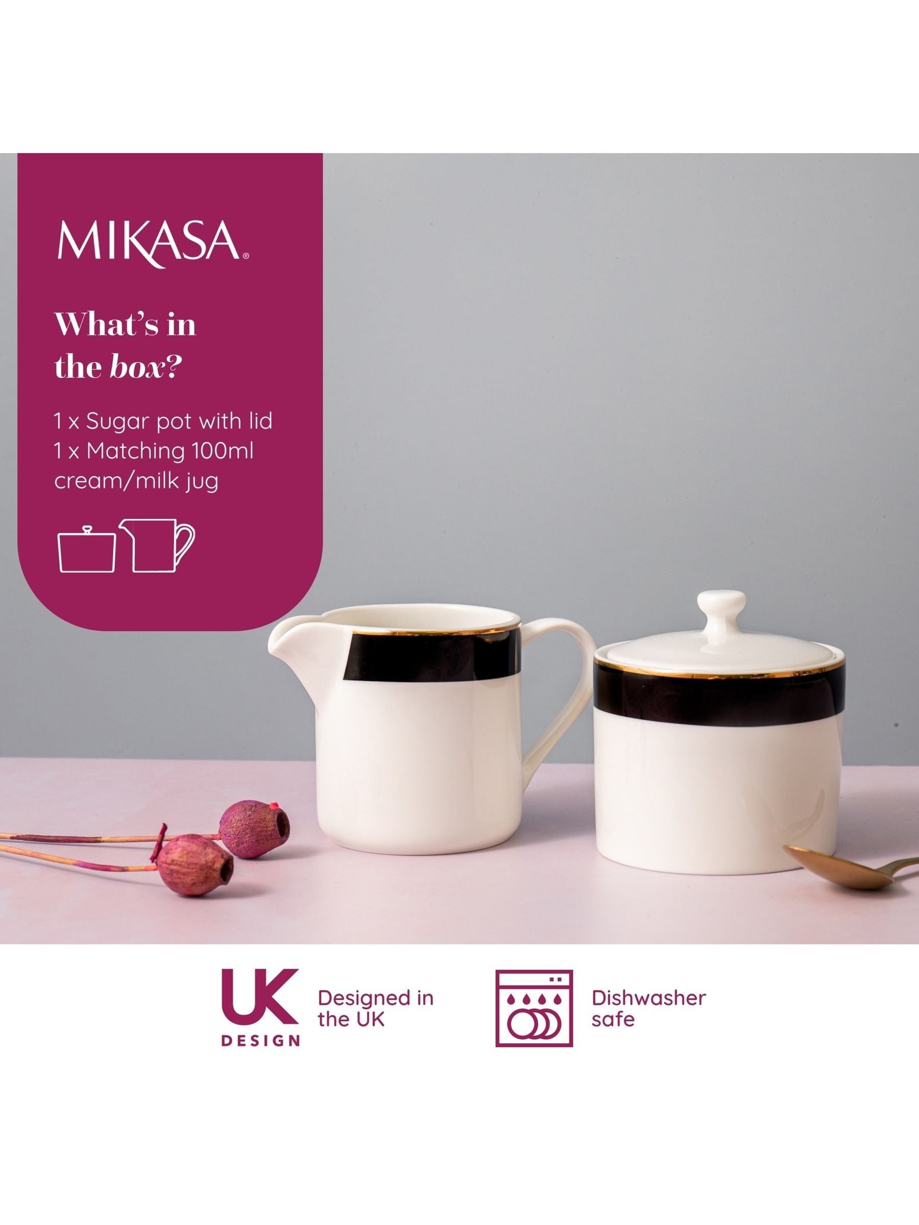 Mikasa White Luxe Deco ceramic milk jug and sugar bowl set, imported from the UK