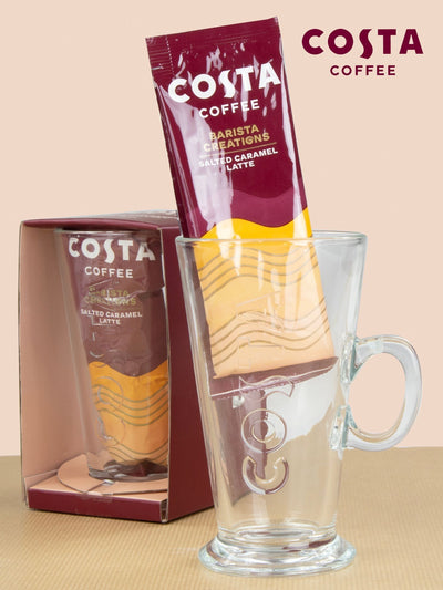 Costa Latte Glass with Salted Caramel Latte Sachet Coffee Gift Set