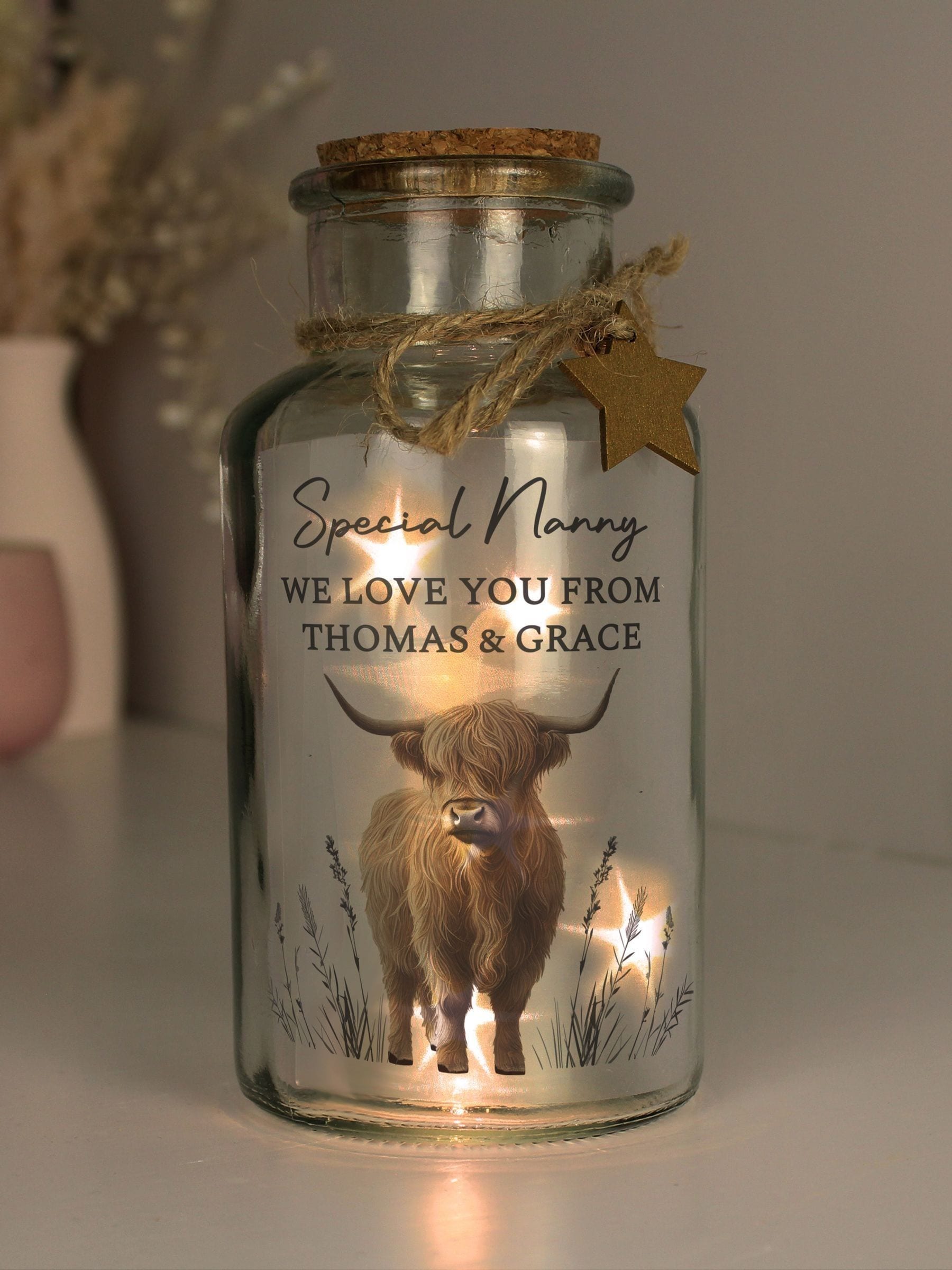 PMC Personalised Highland Cow LED Light Jar, imported from the UK