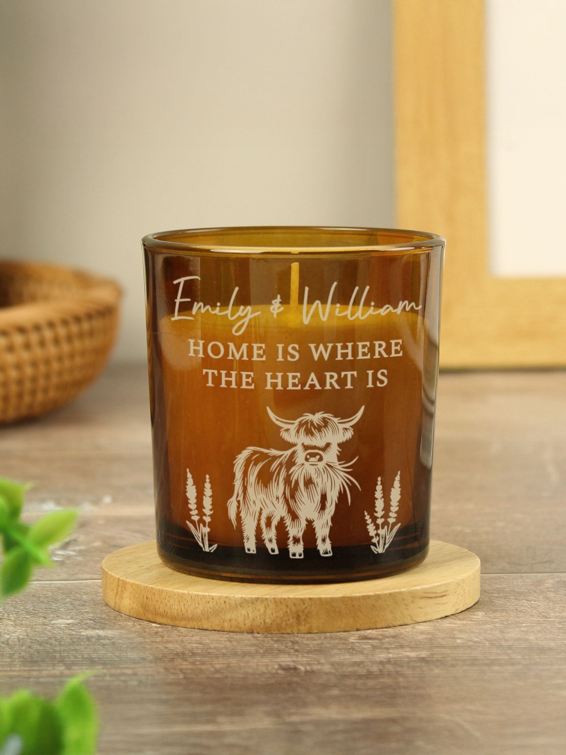 PMC personalised Highland cow amber glass candle, imported from the UK