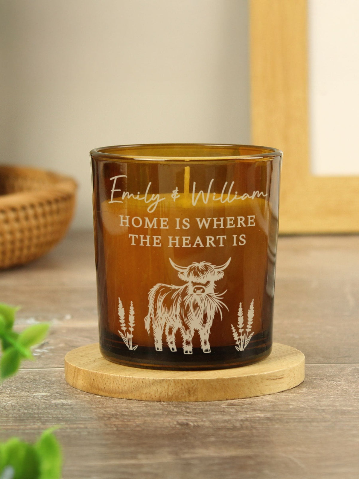 PMC personalised Highland cow amber glass candle, imported from the UK