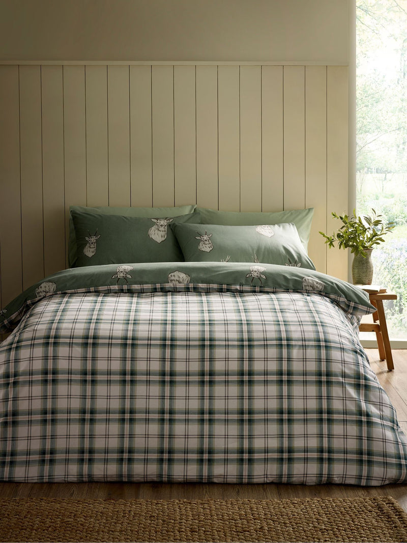 Catherine Lansfield Soft Green Christmas Stag Check Reversible Duvet Cover Set