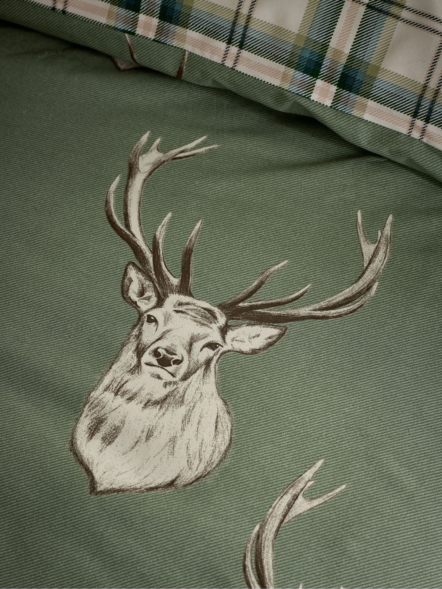 Catherine Lansfield Soft Green Christmas Stag Check Reversible Duvet Cover Set