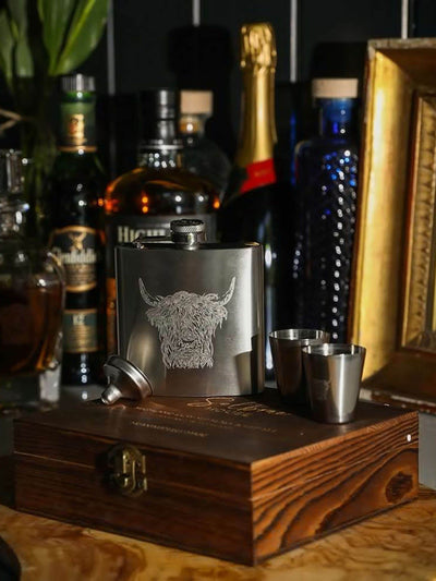 Selbrae House Brown silver Highland Cow Hip Flask and Cup Set