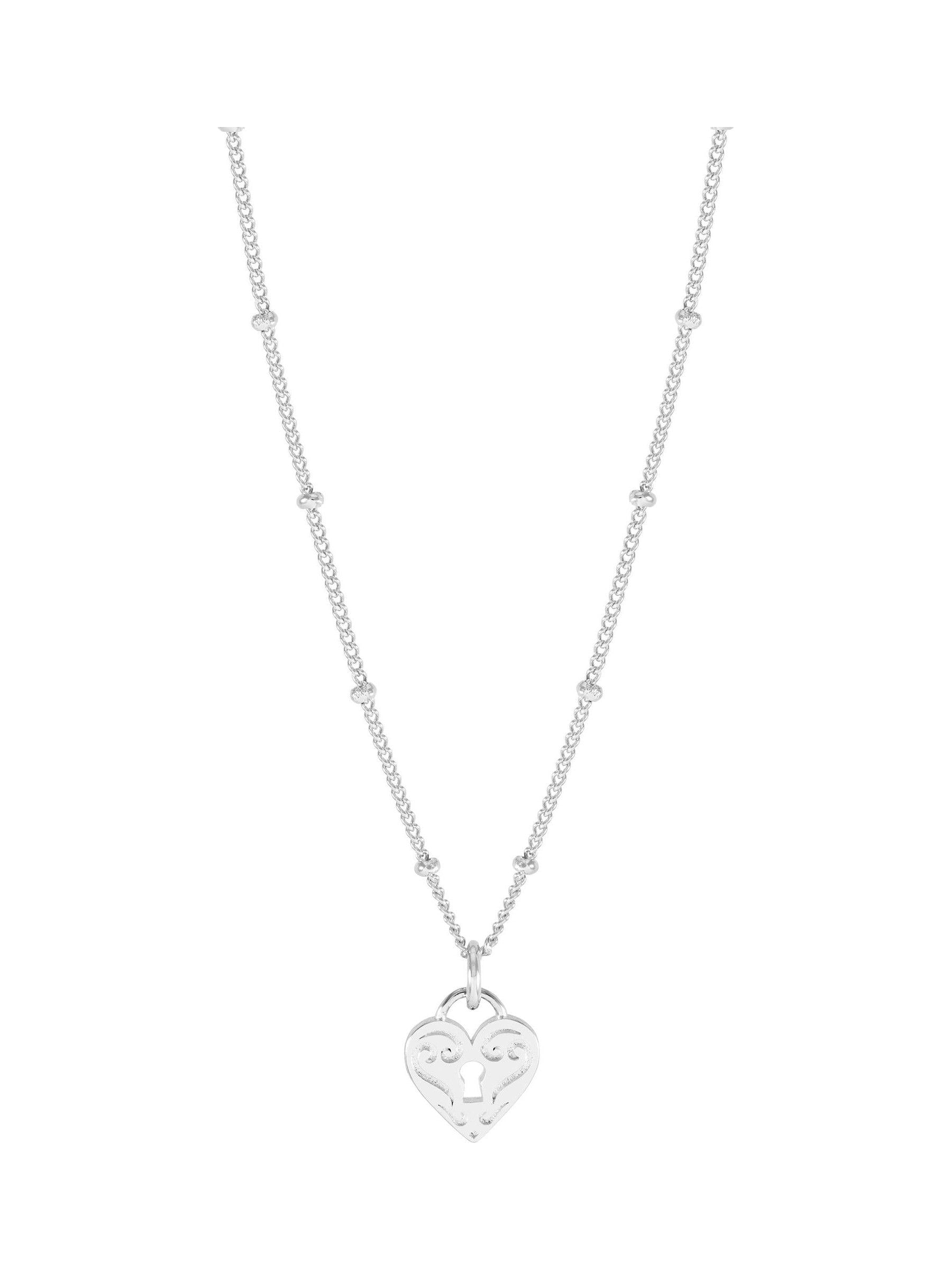 Engraved Heart Padlock Necklace with Silver Tone Chain 44-48 cm