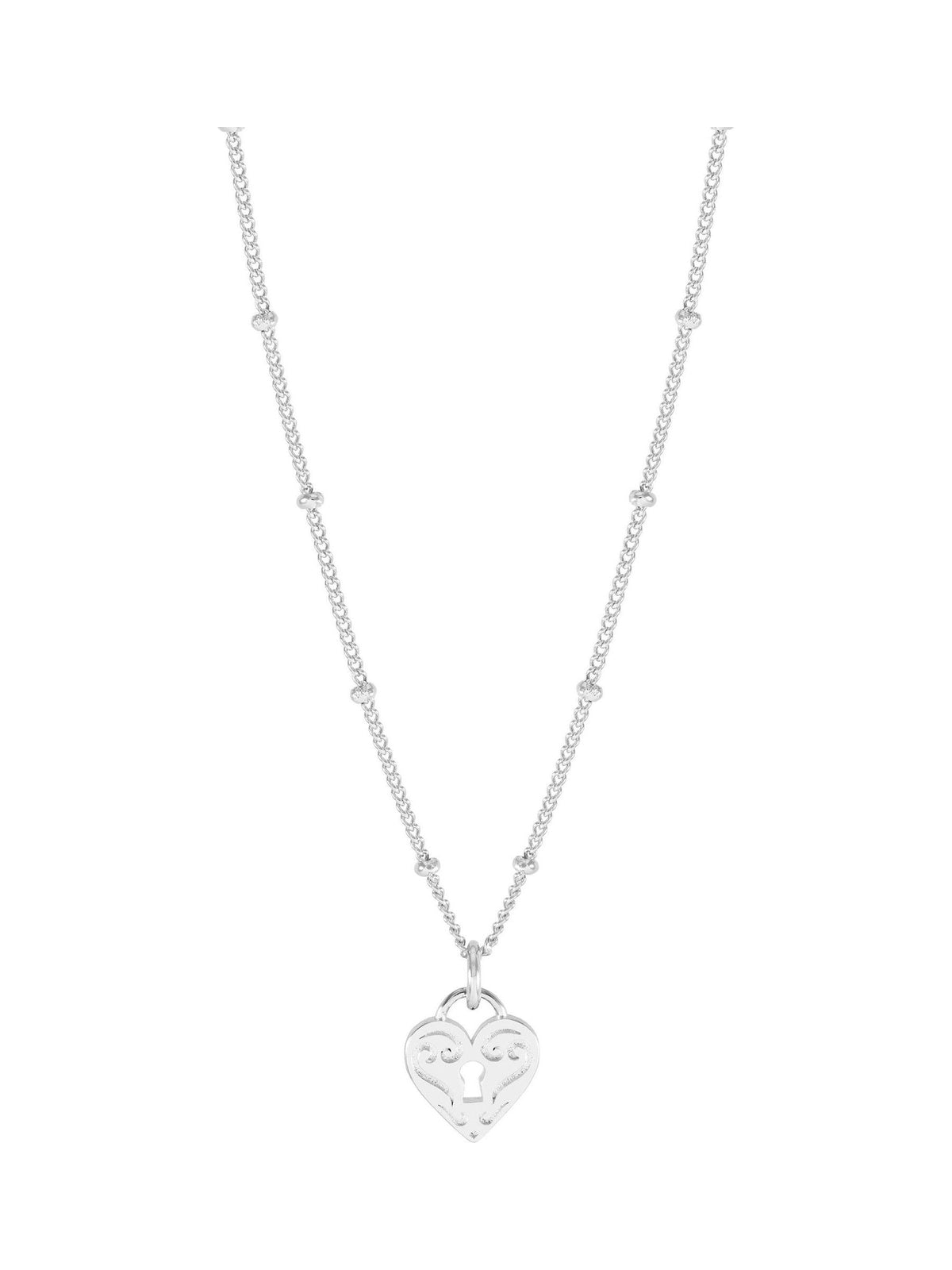 Engraved Heart Padlock Necklace with Silver Tone Chain 44-48 cm