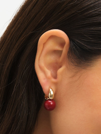 Gold Plated Red Bead Earrings with Post and Catch Fastening, 24mm Length