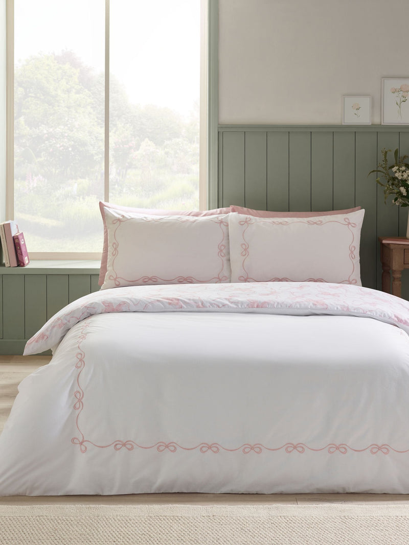 Catherine Lansfield white pink bow embroidery duvet cover set - British product