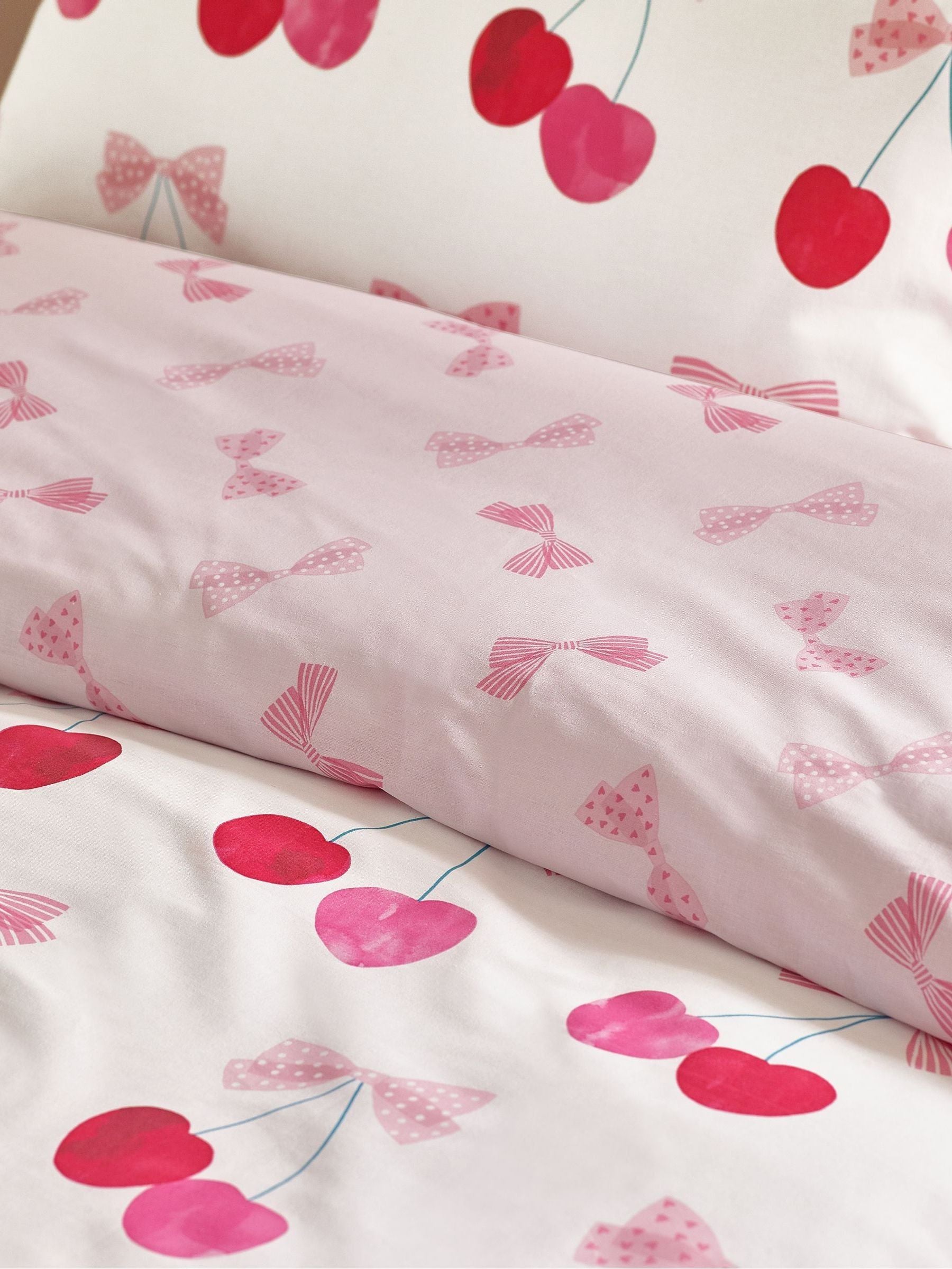 Catherine Lansfield pink cherries bows reversible duvet cover set - British product