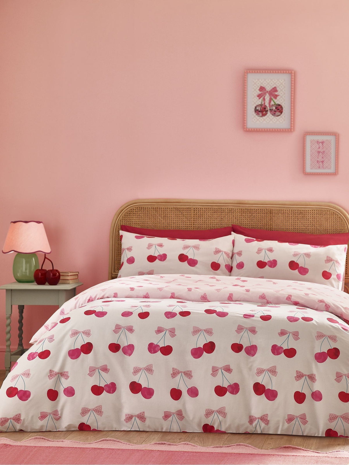 Catherine Lansfield pink cherries bows reversible duvet cover set - British product