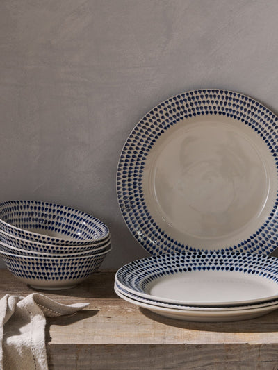 Nkuku Cream Indigo Drop Ceramic Dinnerware Set 12-Piece