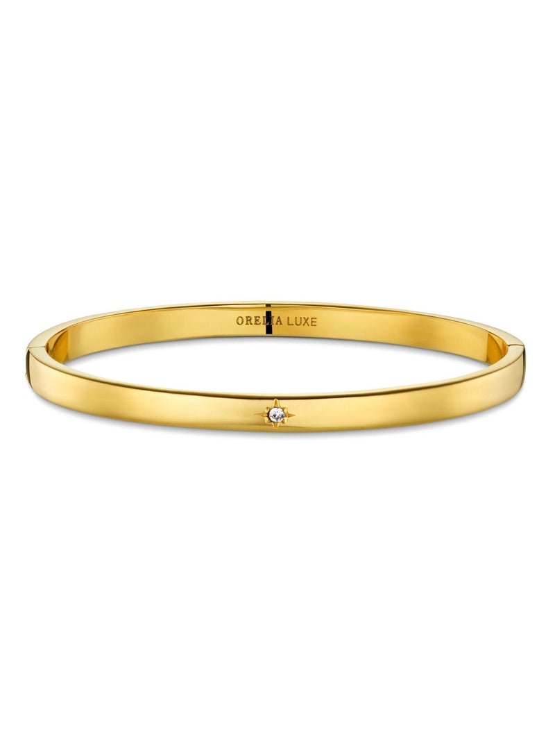 Hinged Bangle Bracelet with Crystal Engraving, Gold Tone Waterproof Design