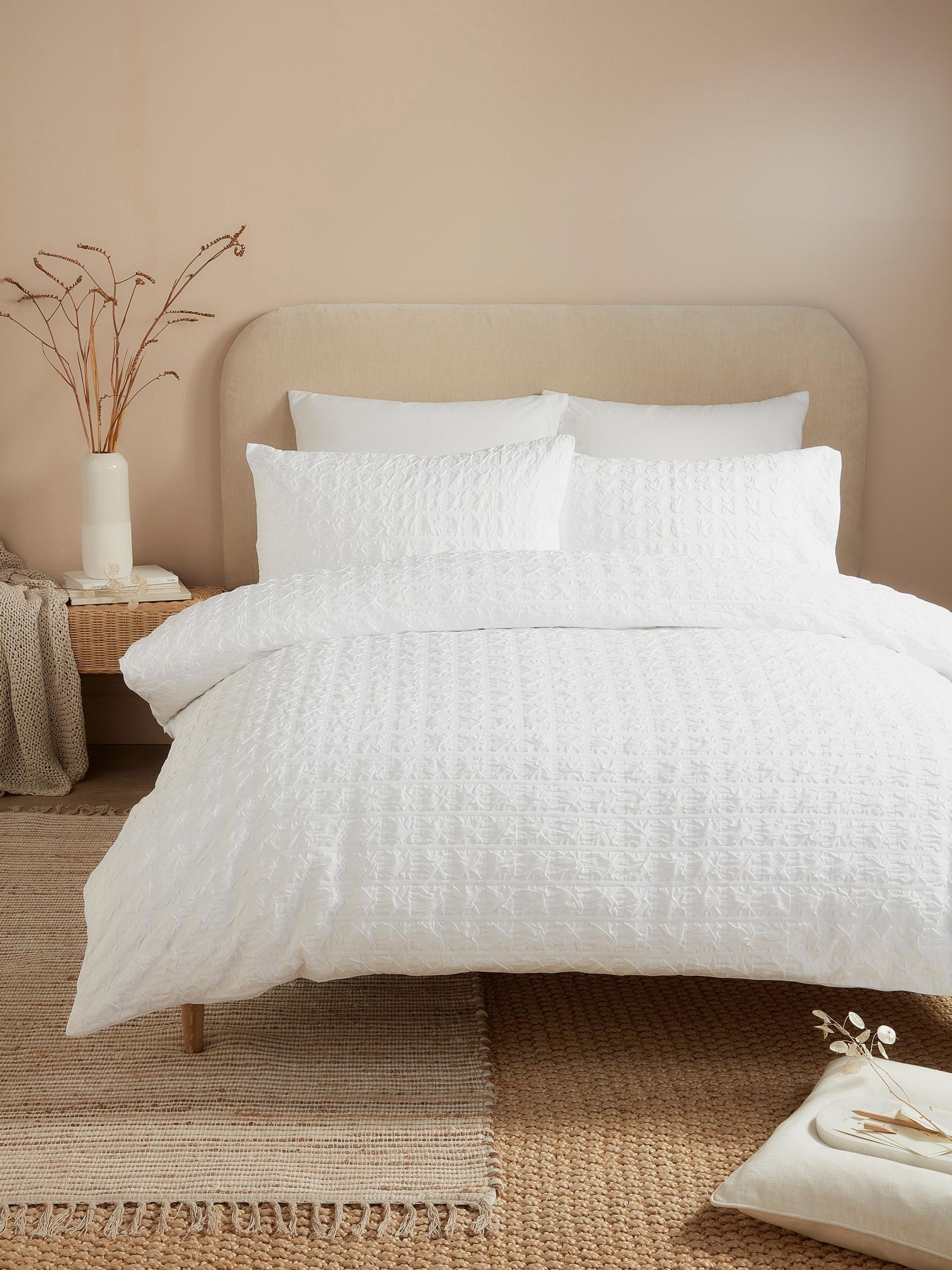 Serene white embossed grid duvet cover set (British brand)