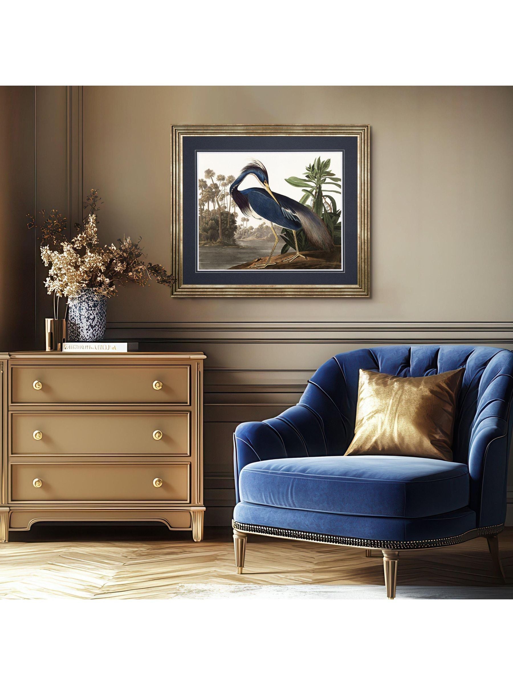 Louisiana heron wall art with blue green plumage, 76x88cm - British product